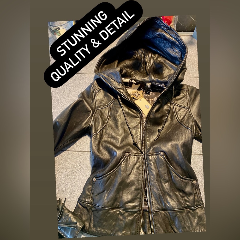 Affliction Black Leather Hooded Jacket